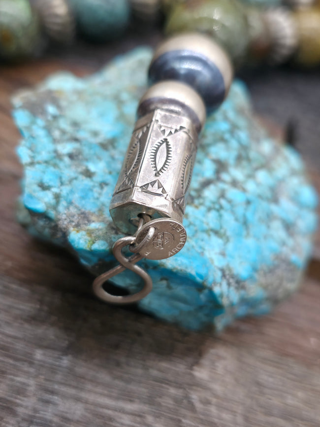 Sky Horse Turquoise and Fluted Sterling Silver bead Necklace by Fred Archuleta - 29 in.