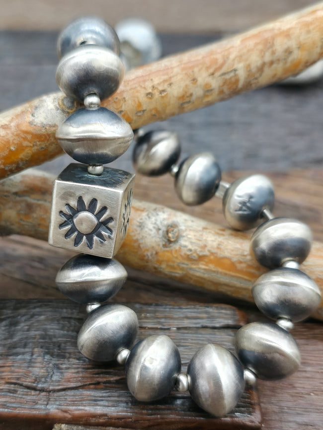 Oxidized Sterling Silver Bead Stretch Bracelet with Stamped Square Bead