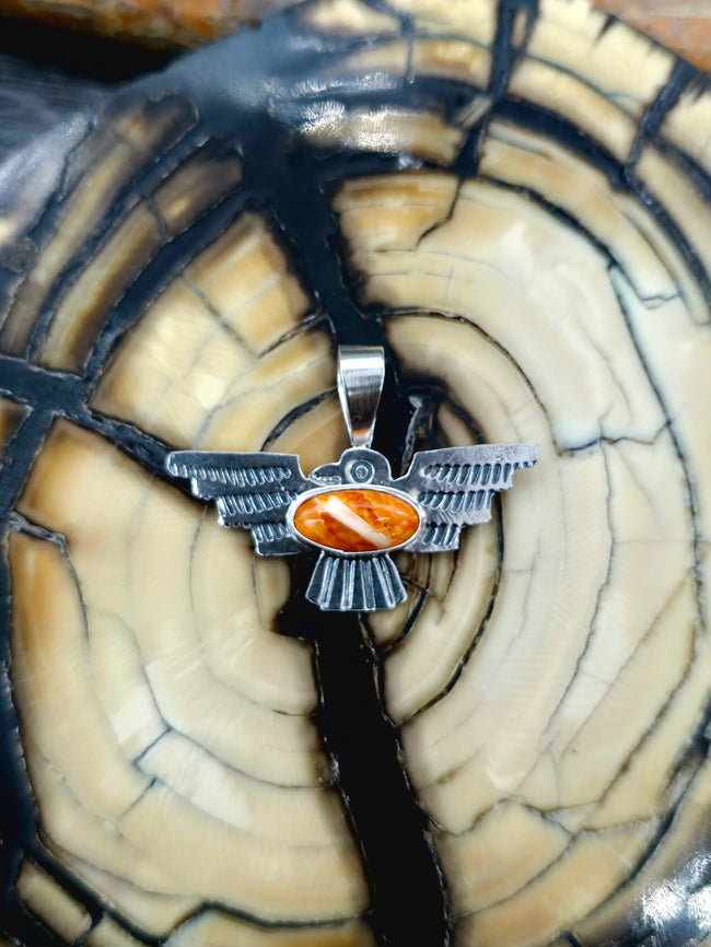 Sterling Silver Orange Spiny Thunderbird Pendant by Lucille Platero - 1 in. by 1 1/2 in.