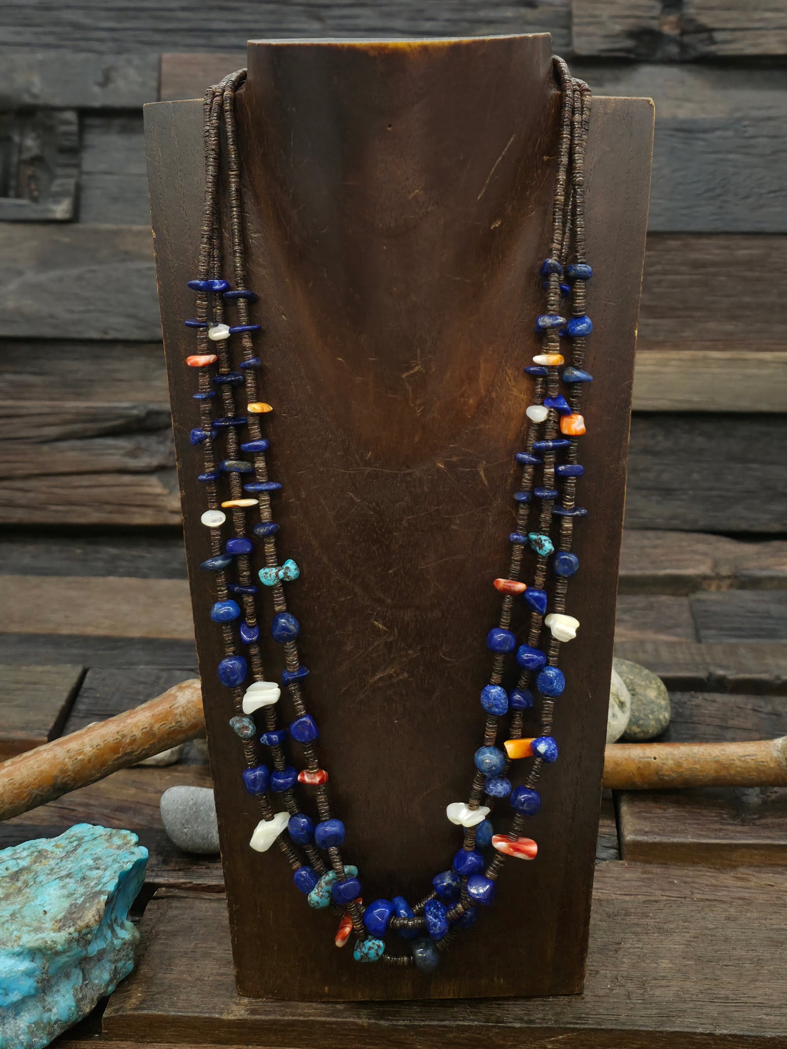 Three Strand Heishi Necklace with Lapis, Turquoise, and Spiny Nuggets by Robert Coriz - 22 in.