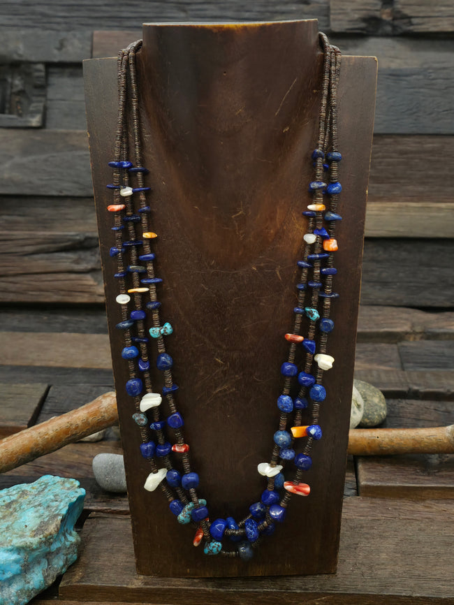 Three Strand Heishi Necklace with Lapis, Turquoise, and Spiny Nuggets by Robert Coriz - 22 in.