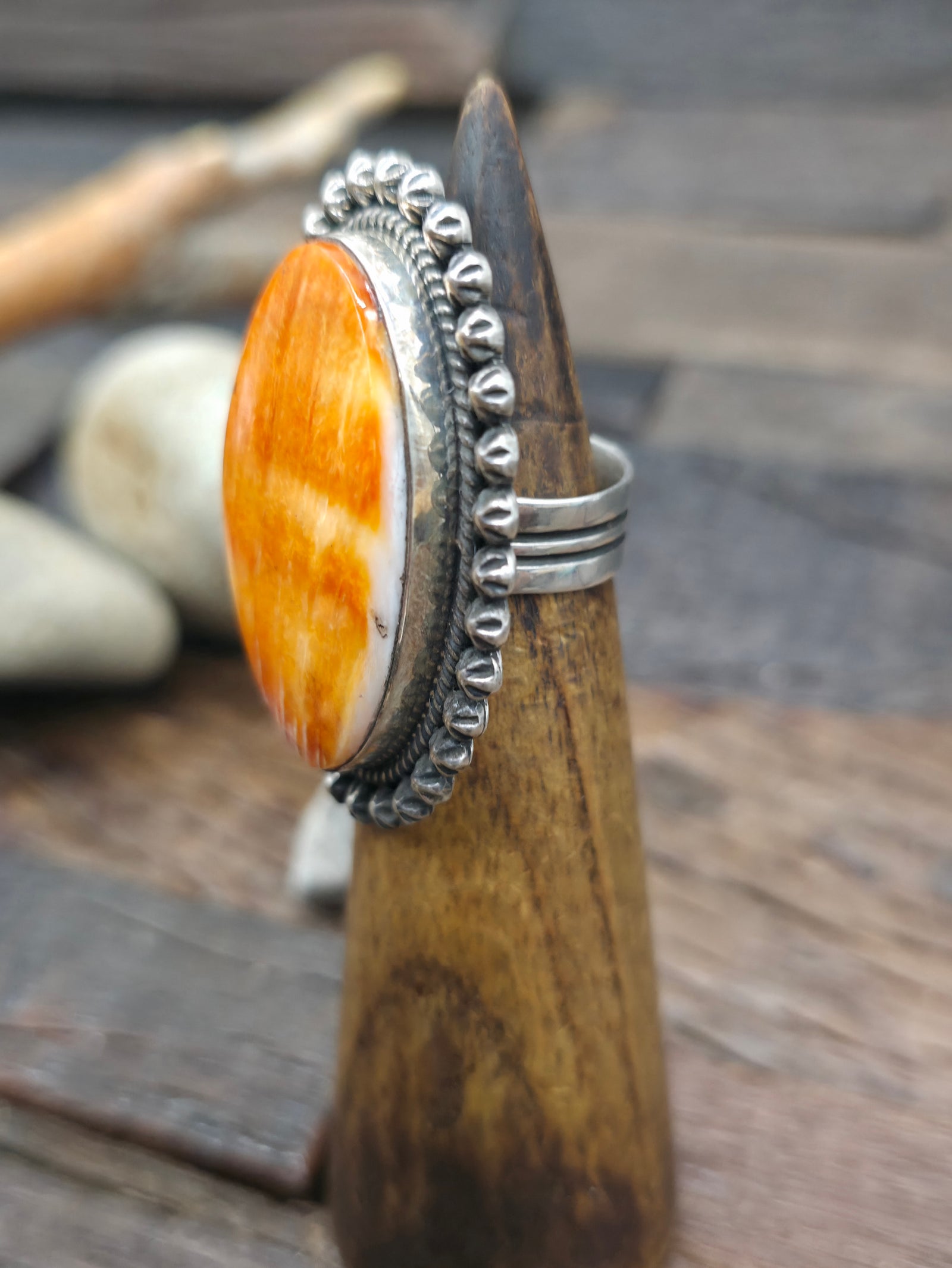 Sterling Silver Starshot Orange Spiny Oyster Ring by Happy Piasso - Size 7 1/2