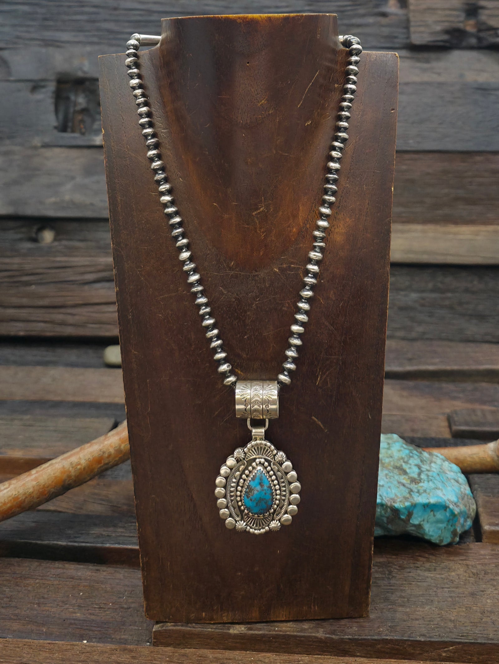 Oxidized Sterling Silver Bead Necklace with Stamped Sterling Silver Turquoise Pendant by Ray Bennet - 17 in.