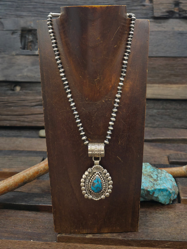 Oxidized Sterling Silver Bead Necklace with Stamped Sterling Silver Turquoise Pendant by Ray Bennet - 17 in.