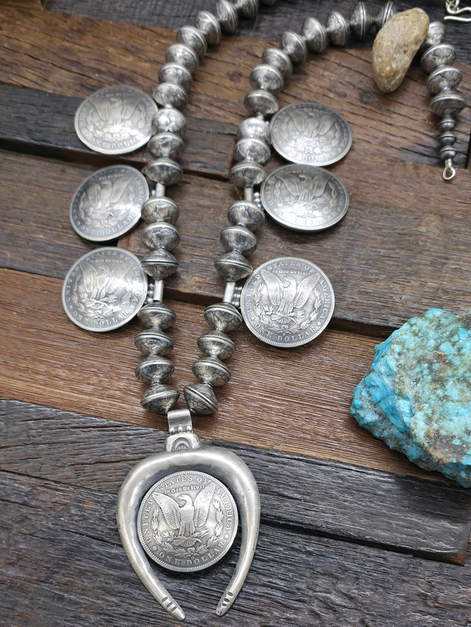 Eagle Dollar Coin Silver Squash Blossom Necklace with Mercury Dime Beads - 26 in.