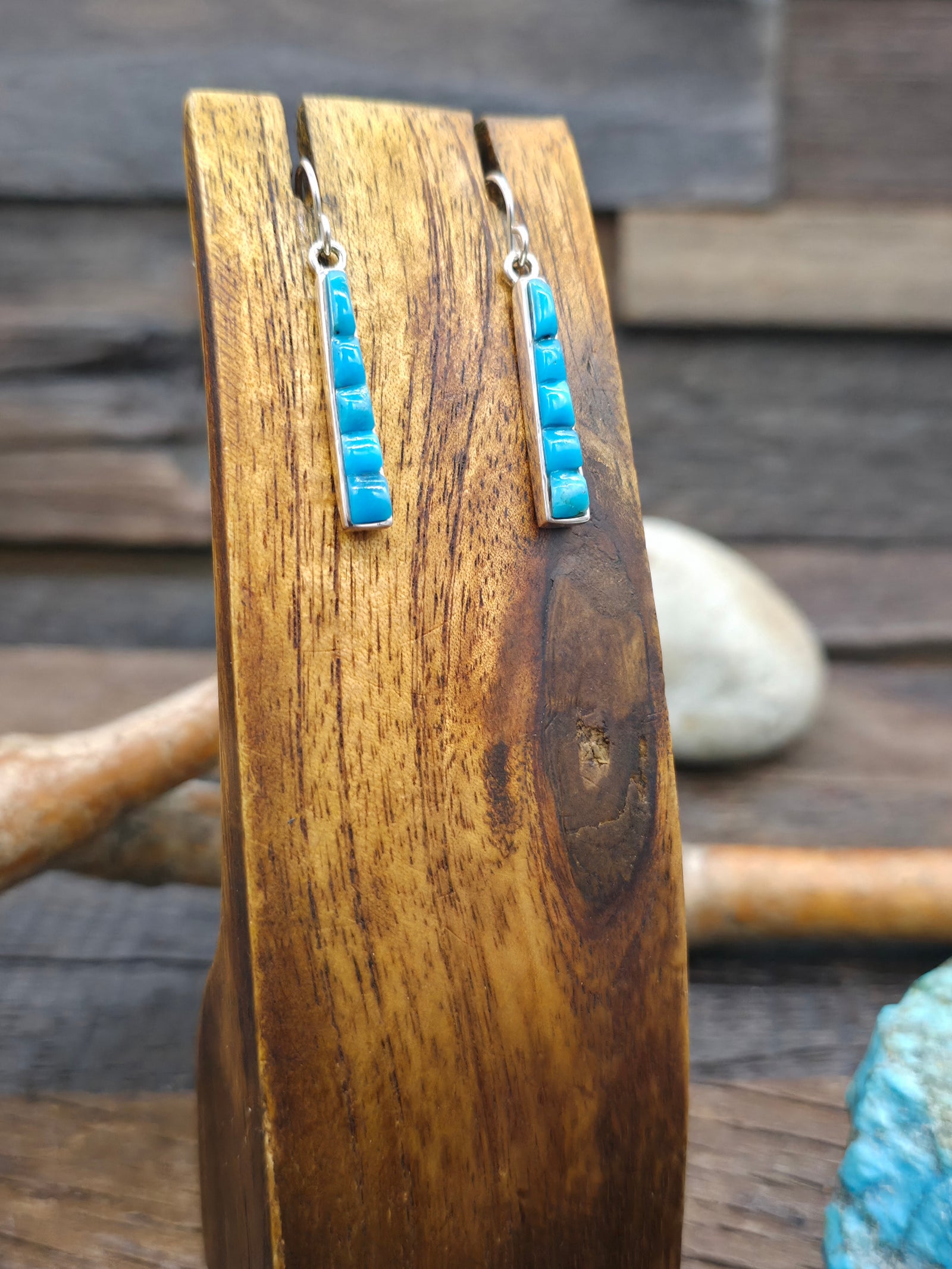 Blue Turquoise Cobblestone Inlay Hook Dangle Earrings by Rick Tolino -  1 1/2 in. by 1/4 in.