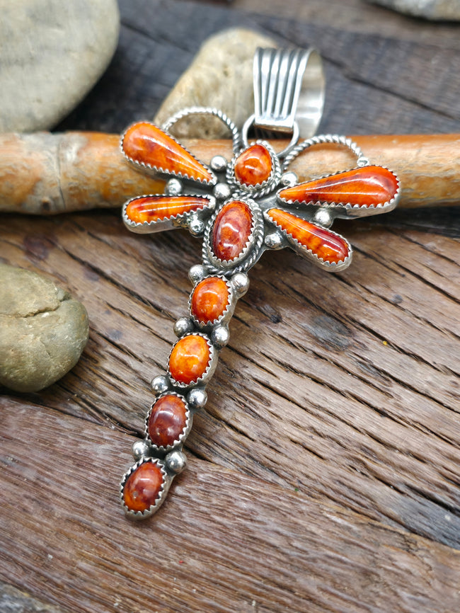 Sterling Silver Red Spiny Oyster Dragonfly Pendant by LaRose Ganadanegro - 4 in. by 2 in.