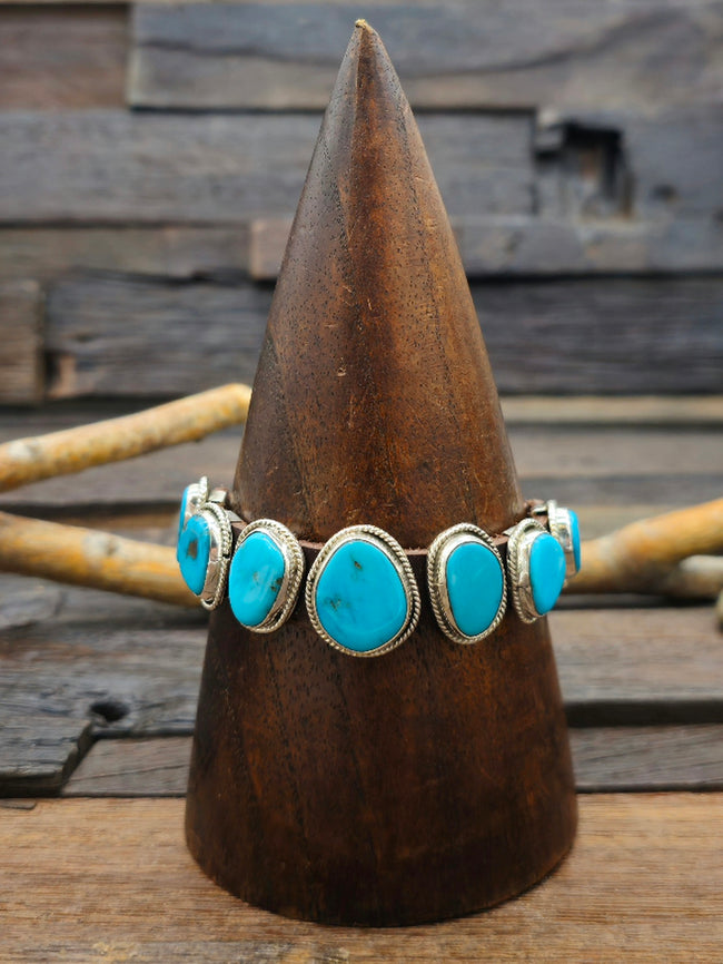 Seven Stone Turquoise Leather Buckle Bracelet 10 in