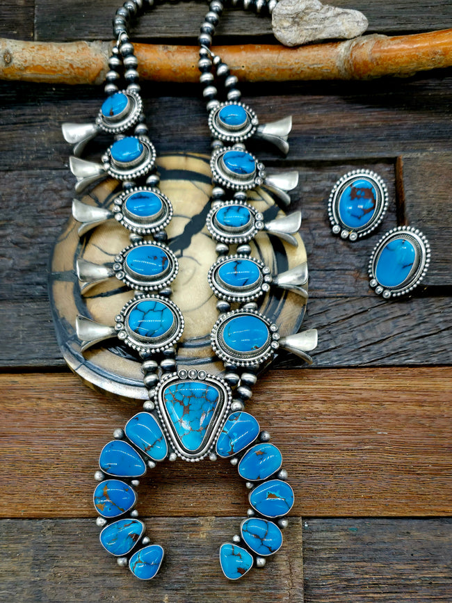 Sterling Silver Egyptian Turquoise Squash Blossom Necklace and Earring Set by Mark Yazzie - 22 in.
