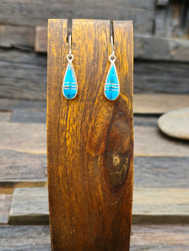 Sterling Silver and Blue Turquoise Inlay Teardrop Dangle Earrings by Rick Tolino