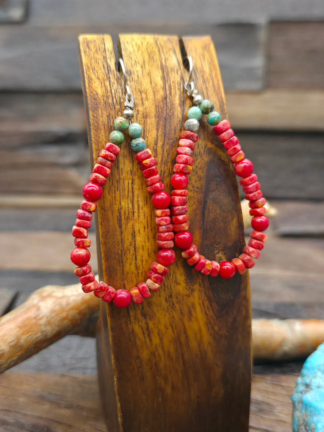 Turquoise and Apple Coral Bead Loop Earrings by Fred Archuleta