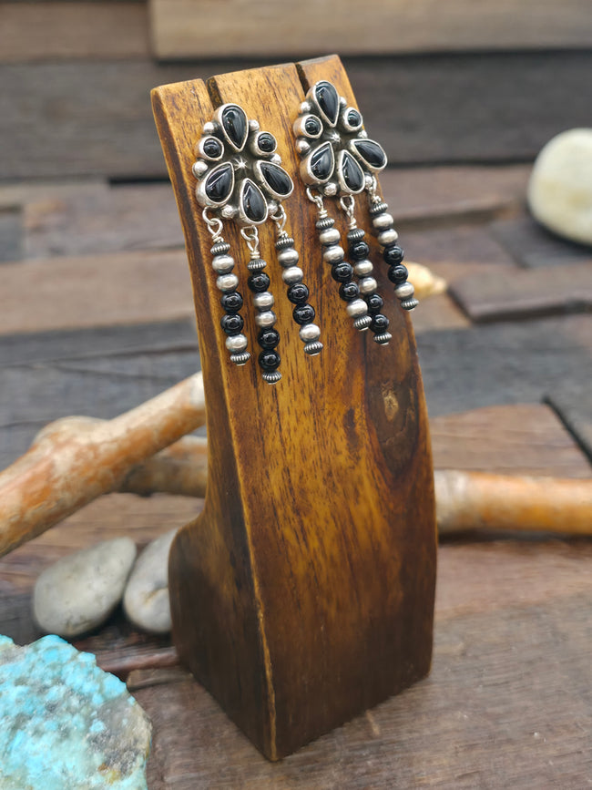 Sterling Silver and Onyx Post Earrings with Bead Dangles by Geneva Apachito