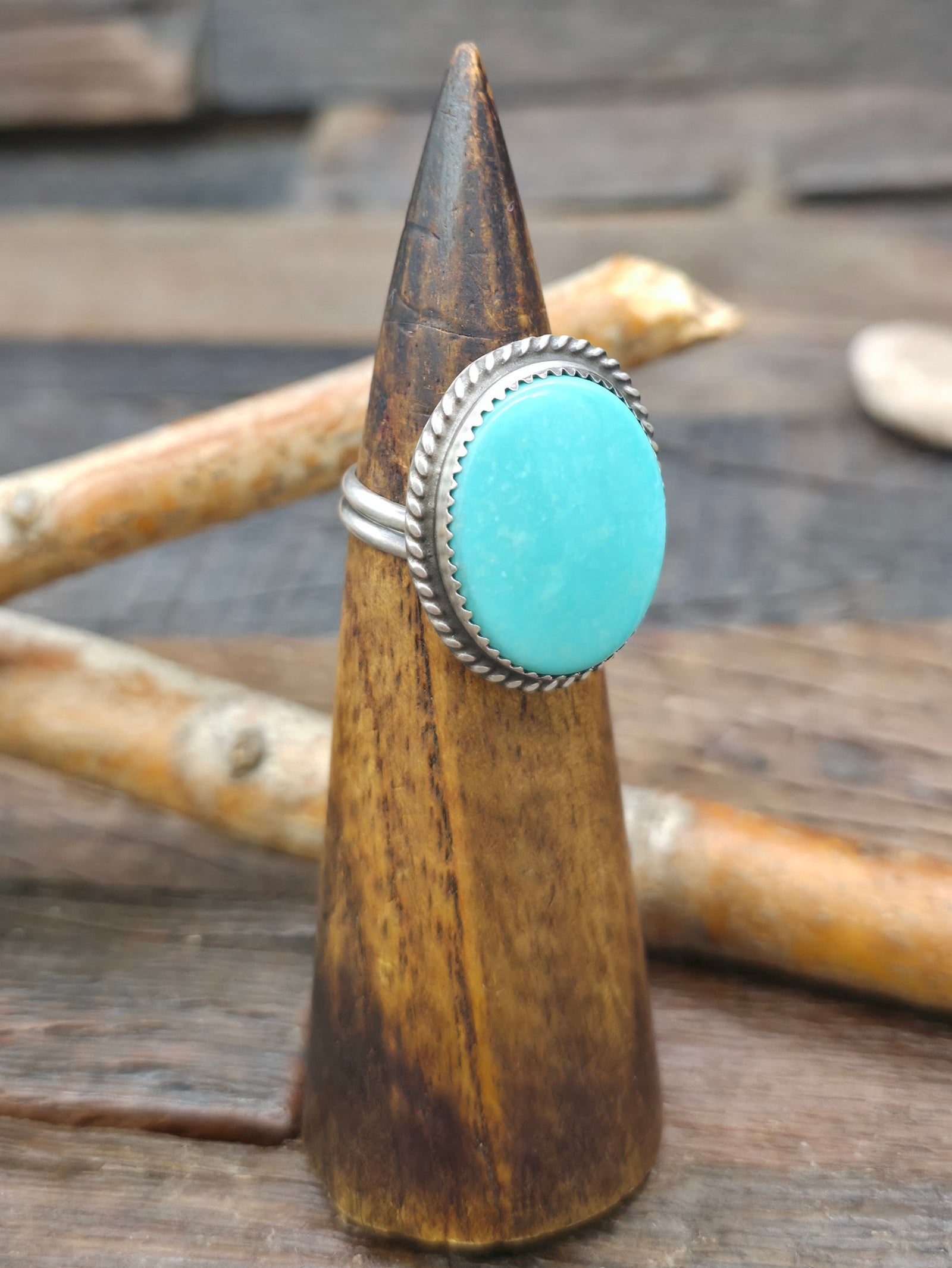 Sterling Silver Turquoise Cocktail Ring by Leslie Nez - Adjustable