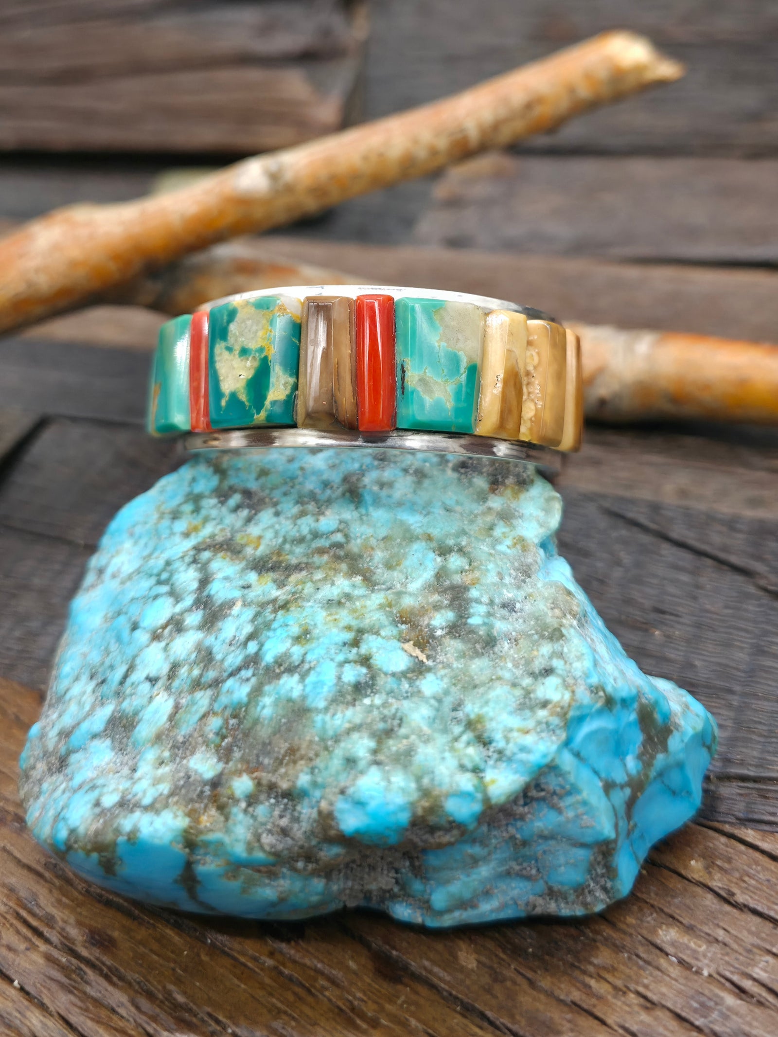 Sterling Silver Cobblestone Inlay Cuff with Turquoise, Coral and Fossil Ivory by Walter Vandever - 6 3/4 in. with Gap