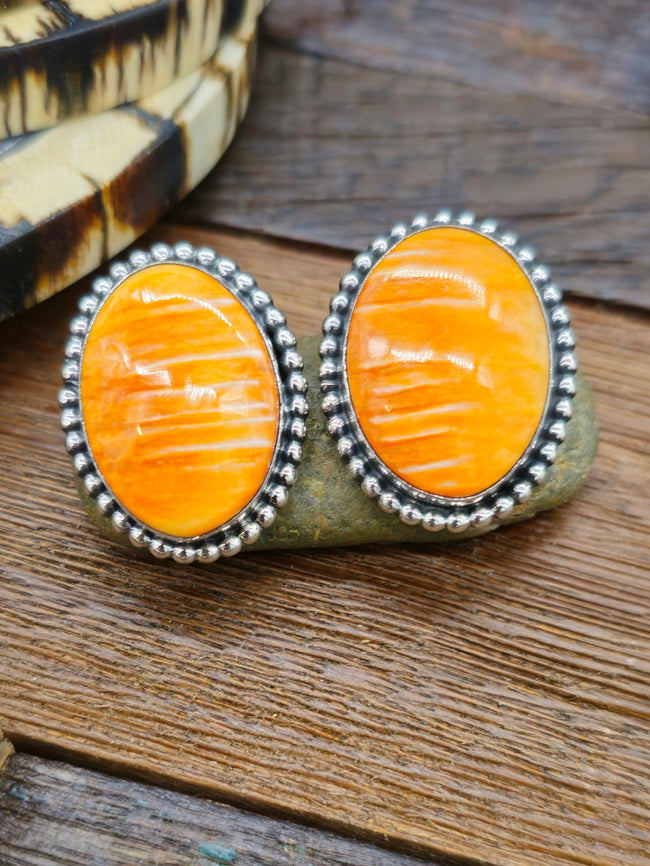 Orange Spiny Oyster Sterling Silver Lariat and Earrings Set by Darrin Livingston - 28 in