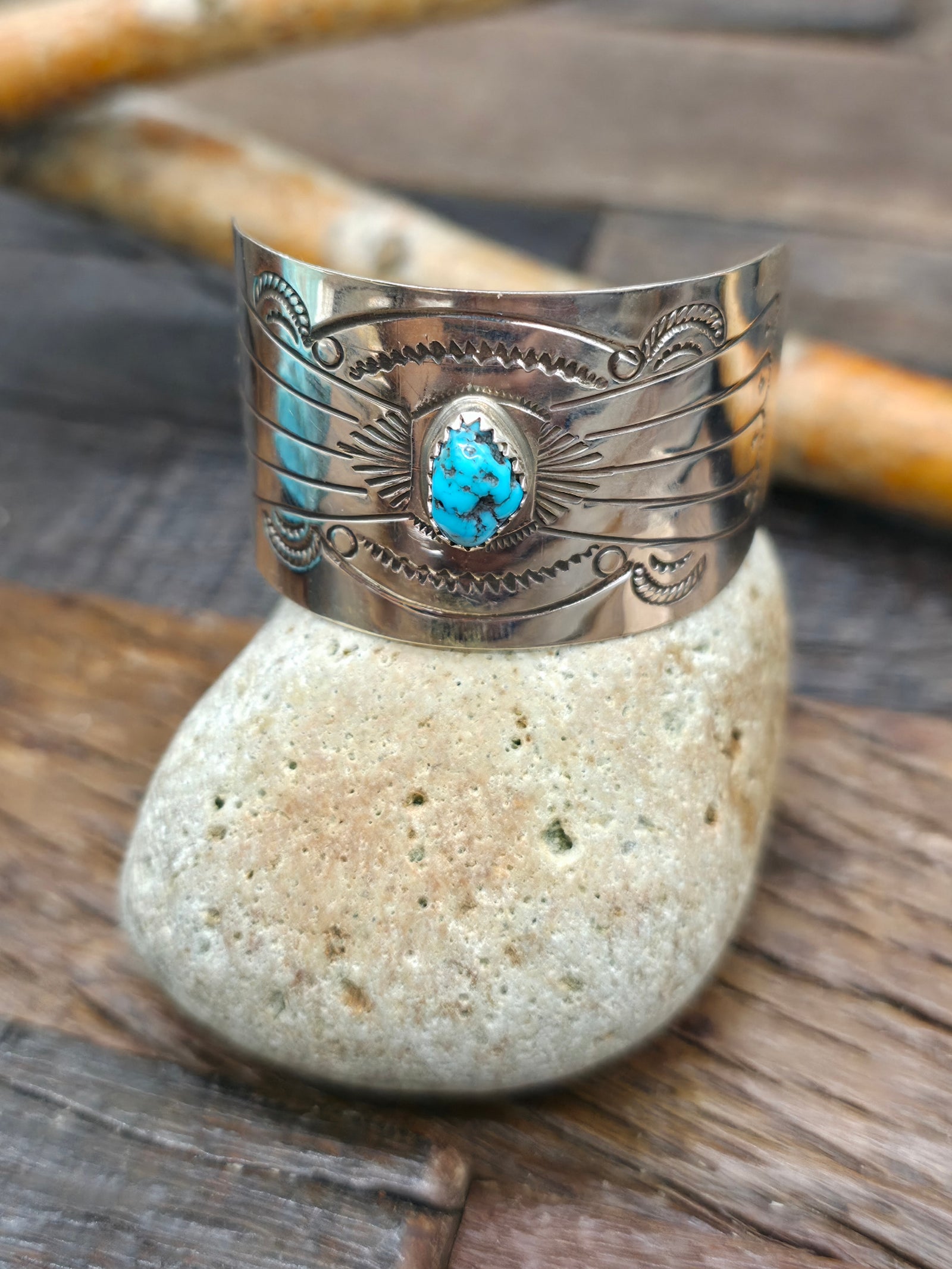 Stamped Sterling Silver and Turquoise Ponytail Barrette by Jolene Begay - 1 1/2 in. by 1 in.