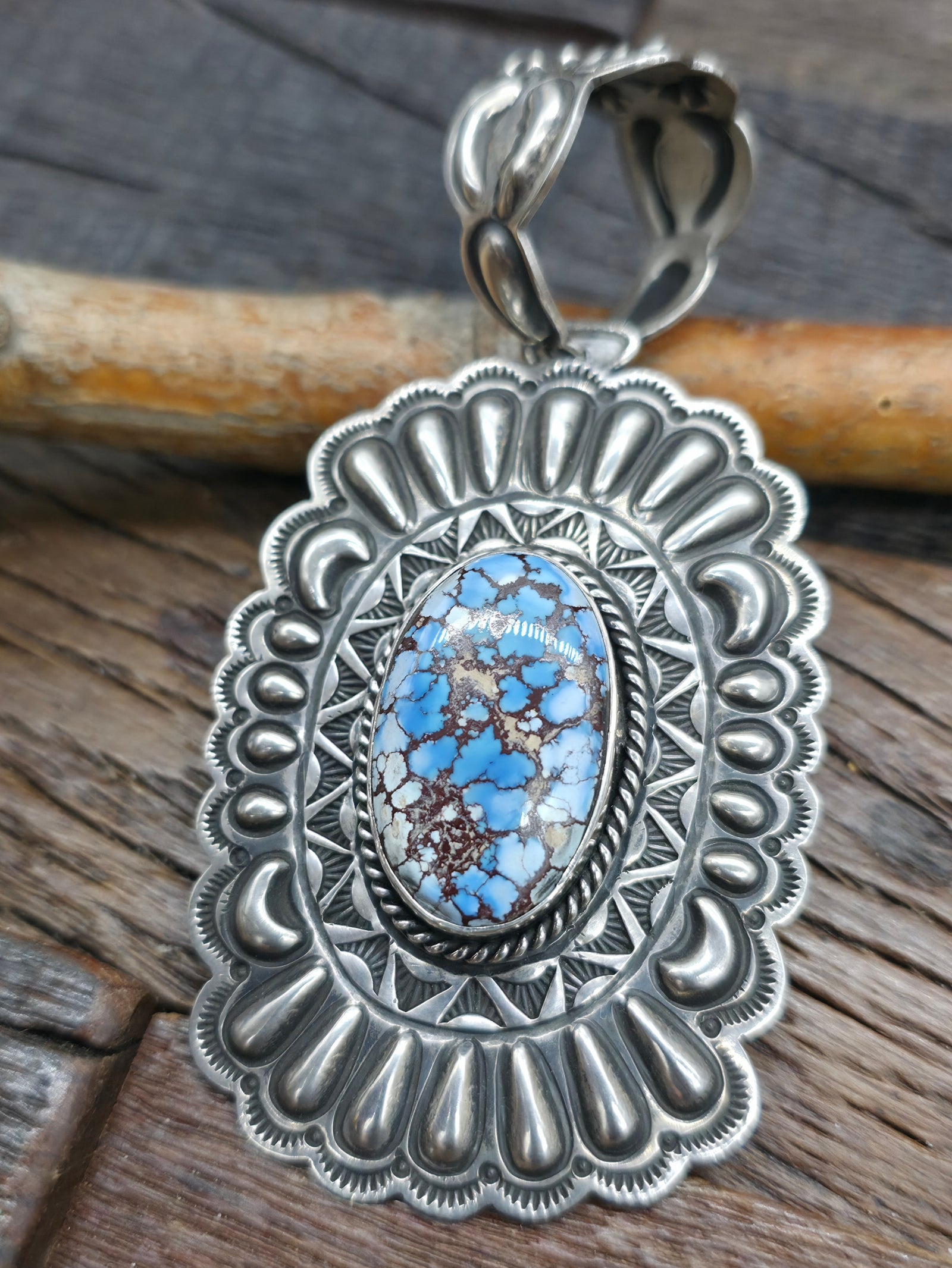 Repousse Stamped Sterling Silver Golden Hills Pendant by Tsosie White - 3 1/2 in. by 1 3/4 in.