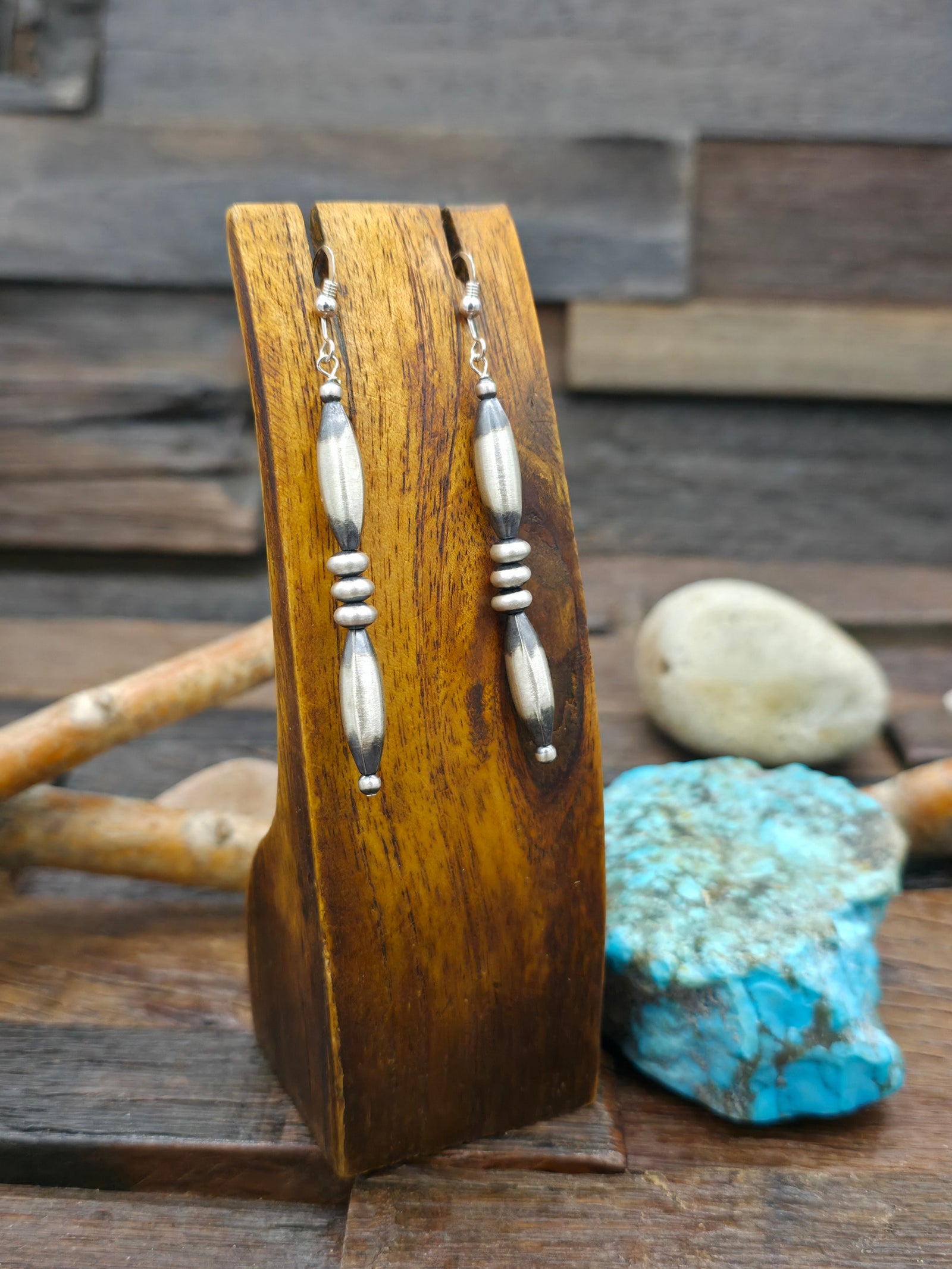 Melon and Rondelle Sterling Silver Bead Earrings - 3 in.