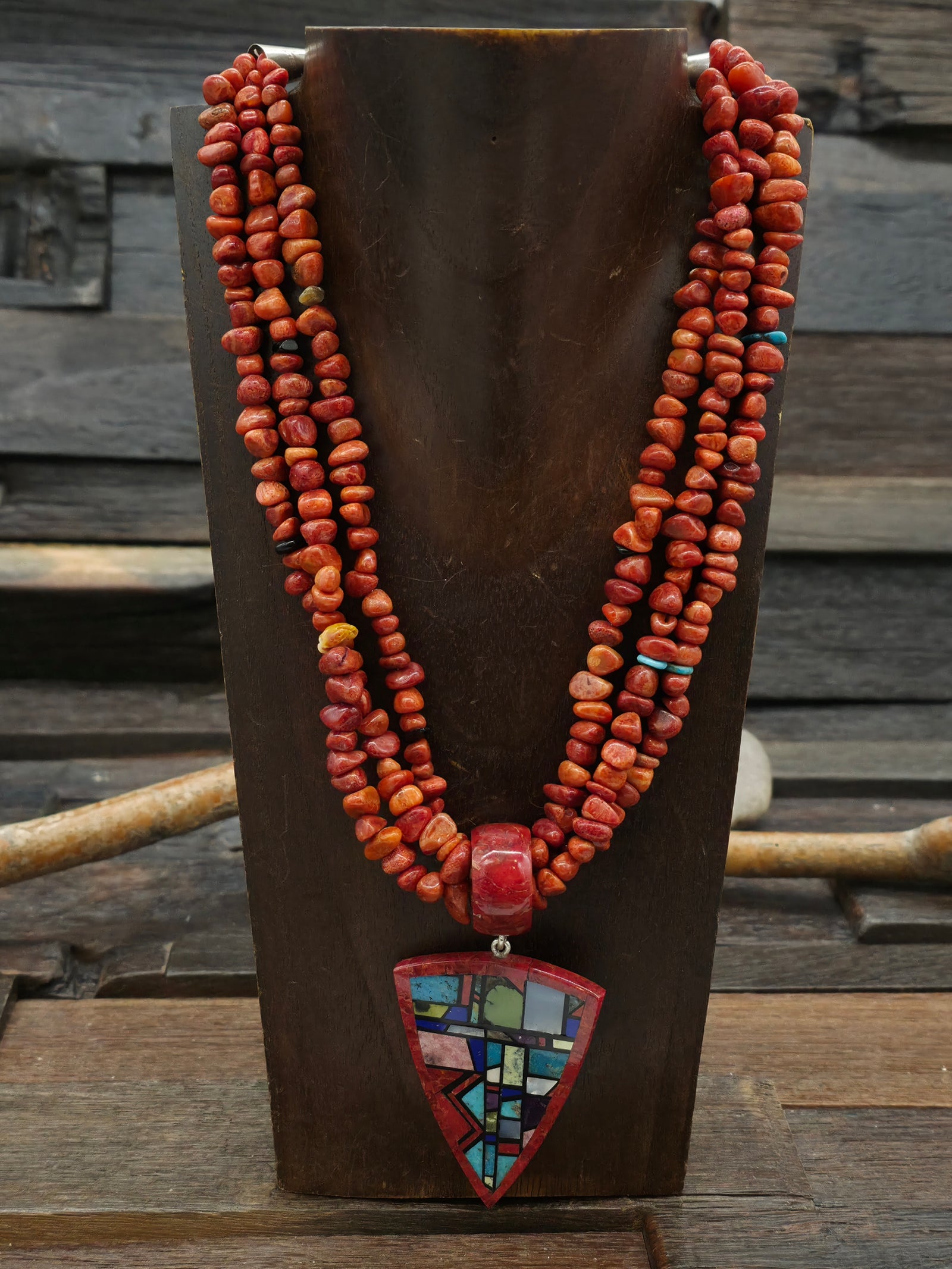 Three Strand Apple Coral and Multi Stone Necklace with Mosaic Inlay Pendant by Chris Nieto - 18 in.