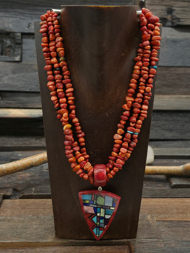 Three Strand Apple Coral and Multi Stone Necklace with Mosaic Inlay Pendant by Chris Nieto - 18 in.