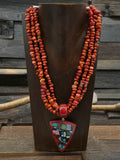 Three Strand Apple Coral and Multi Stone Necklace with Mosaic Inlay Pendant by Chris Nieto - 18 in.