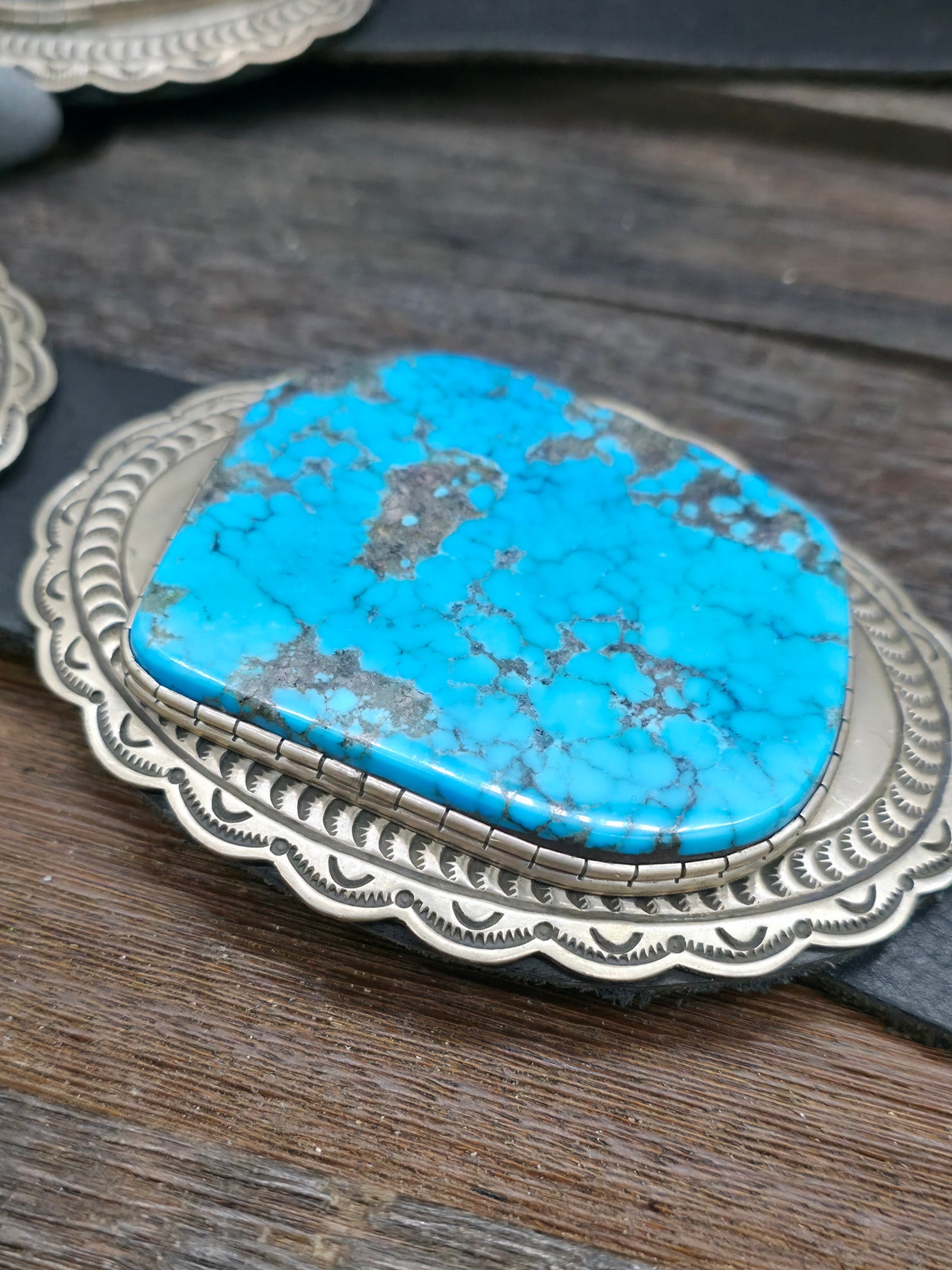 Stamped Sterling Silver Kingman Turquoise Concho Belt by Delbert Delgarito - 60 in.