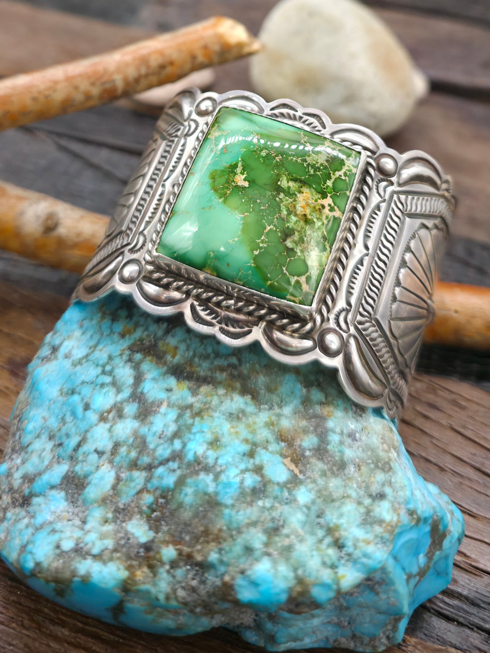 Stamped Sterling Silver Royston Turquoise Cuff Bracelet by J. Delgarito - 7 in.