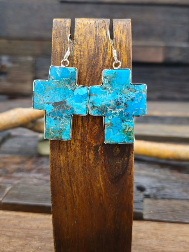 Cross Blue Turquoise and Sterling Silver Slab Earrings by Veronica Tortalita