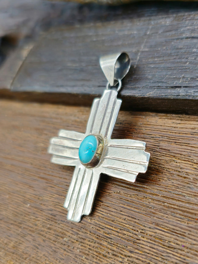 Zia Sterling Silver Pendant with Oval Turquoise Stone by Lucille Platero