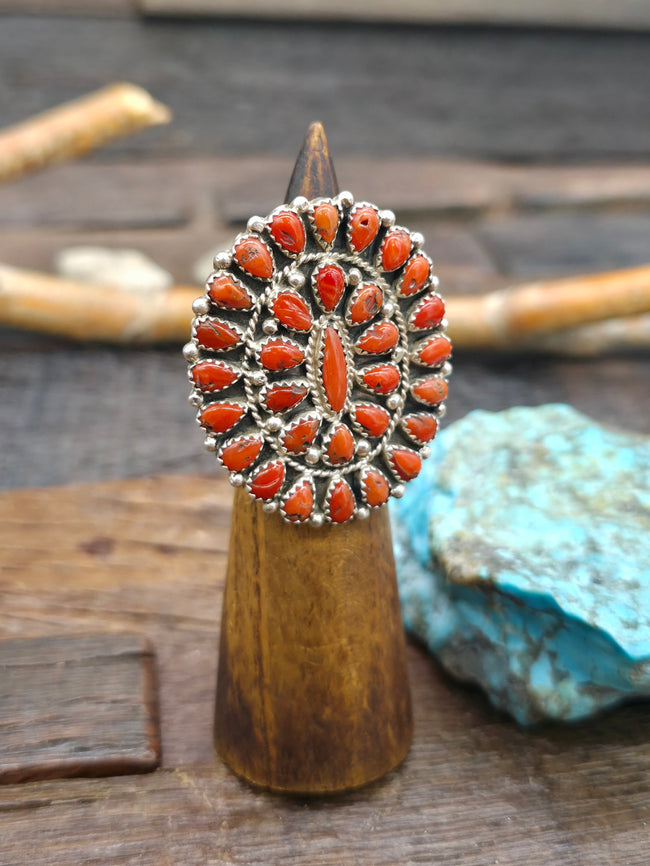 Sterling Silver Coral Cluster Ring - Adjustable