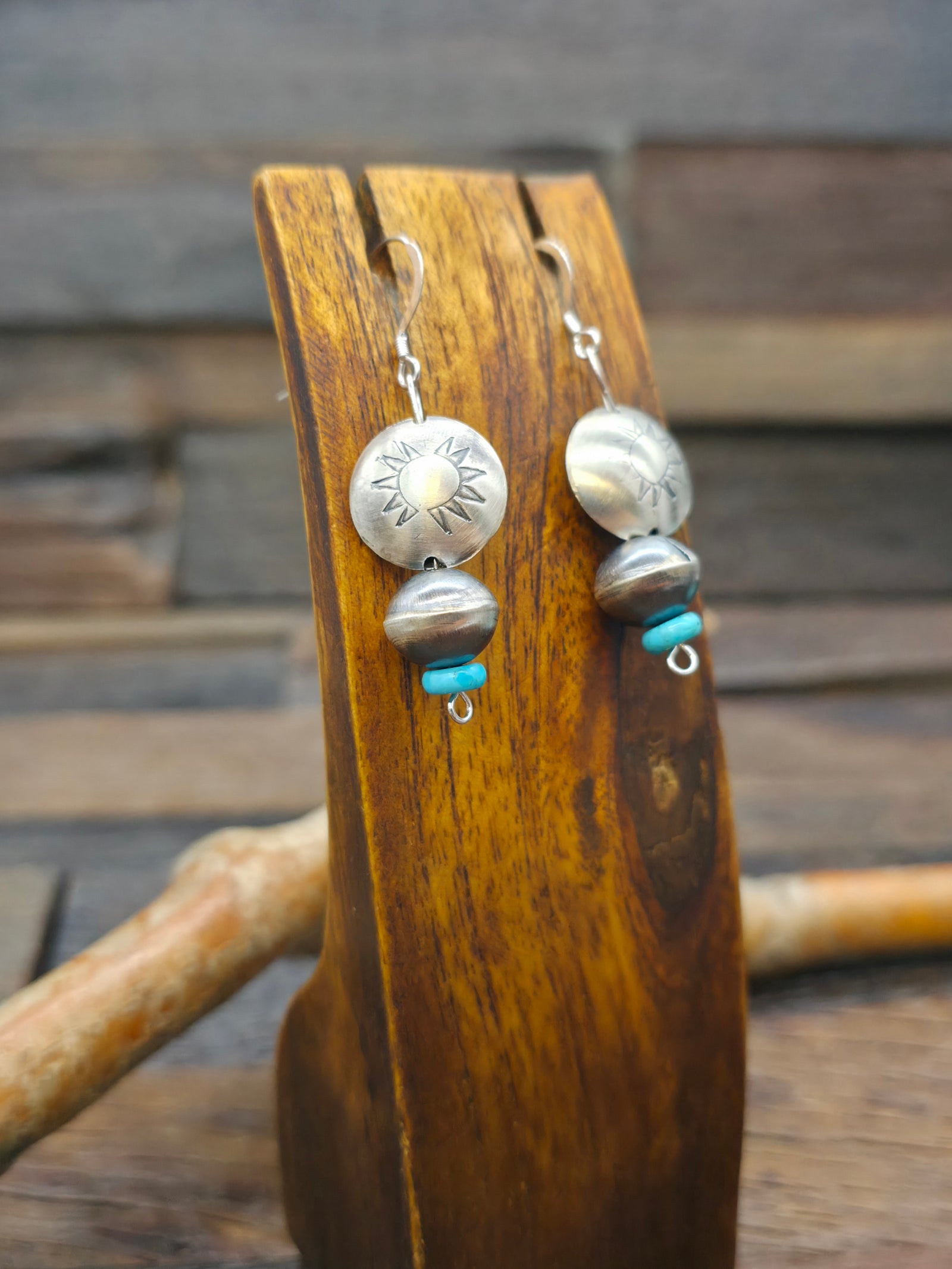 Sterling Silver and Turquoise Sun Pillow Bead Earrings by Tylena Nez