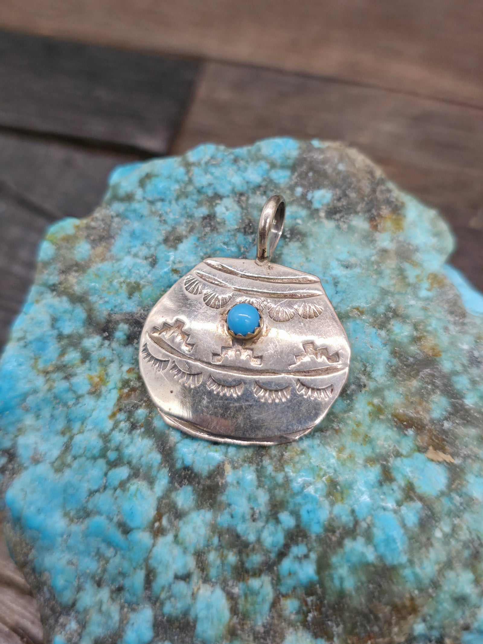 Stamped Sterling Silver Pot Pendant by Lucille Platero - Turquoise - 1 1/4 in. by 1 in.