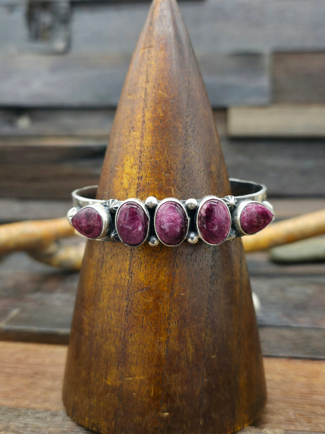 Stamped Sterling Silver and Purple Spiny Cuff by Rosella Paxton  - 7 in.