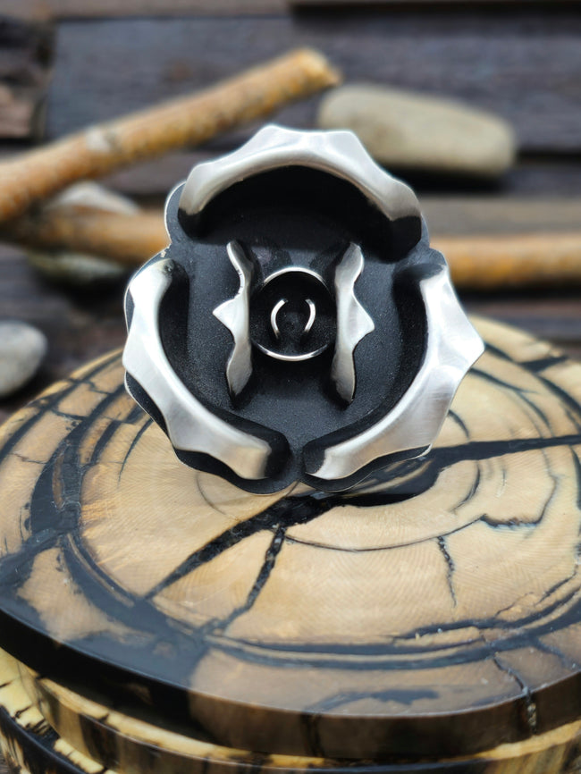 Adjustable Stamped Sterling Silver Rose Ring by Leander Tahe