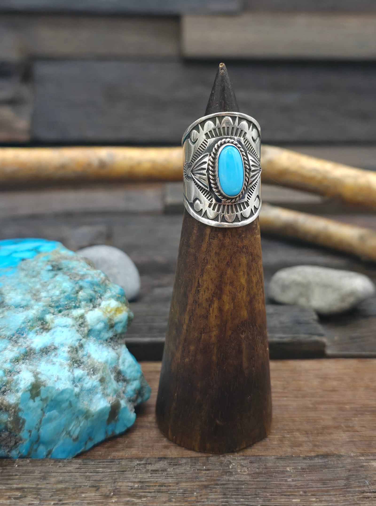 Stamped Sterling Silver Turquoise Ring by Derrick Gordon - Size 7