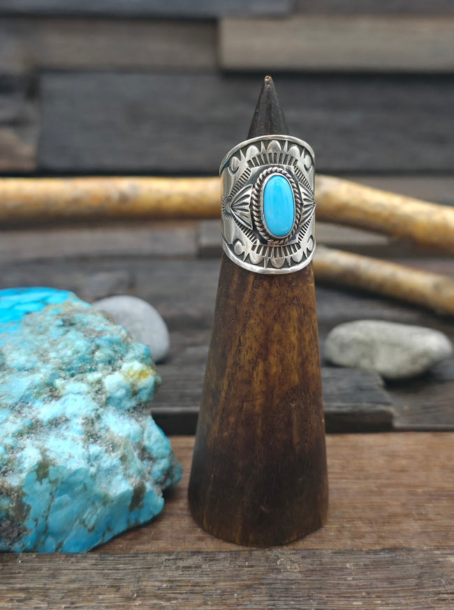 Stamped Sterling Silver Turquoise Ring by Derrick Gordon - Size 7