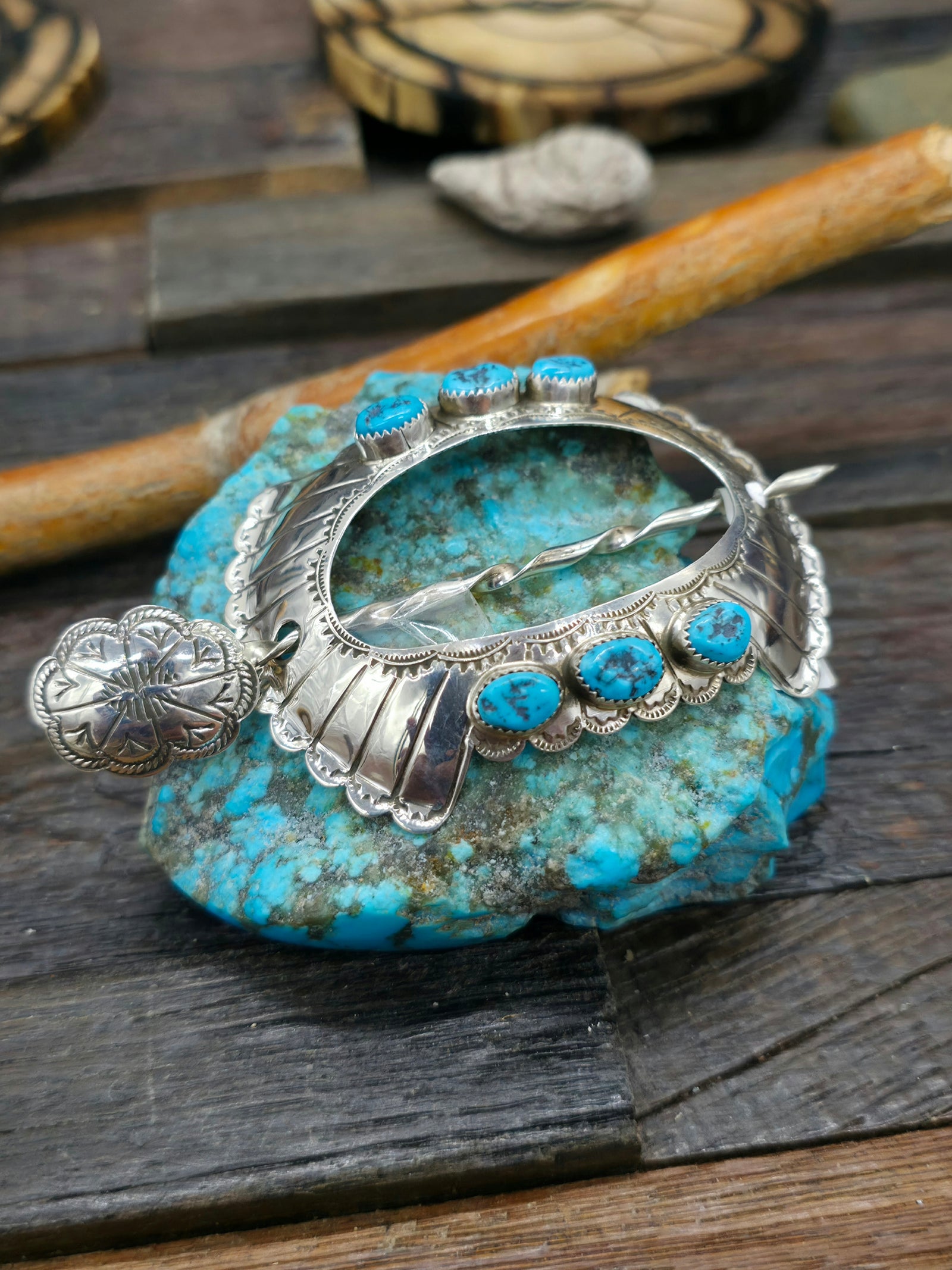 6 Stone Sterling Silver and Turquoise Stick Barrette by Jolene Begay - Designs Vary