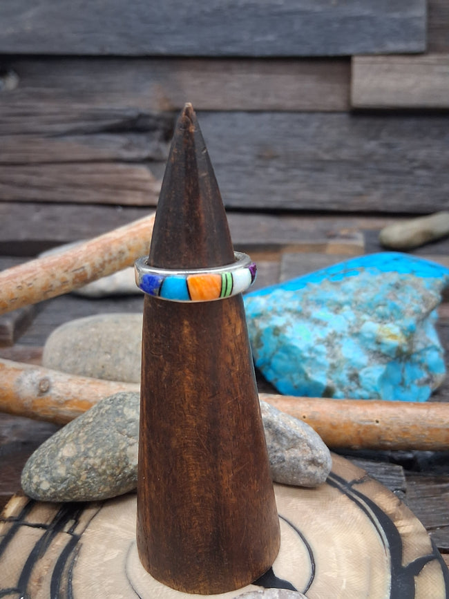 Sterling Silver Orange Spiny Oyster Turquoise Purple Mojave Fire Opal Inlay Ring Size 6.5