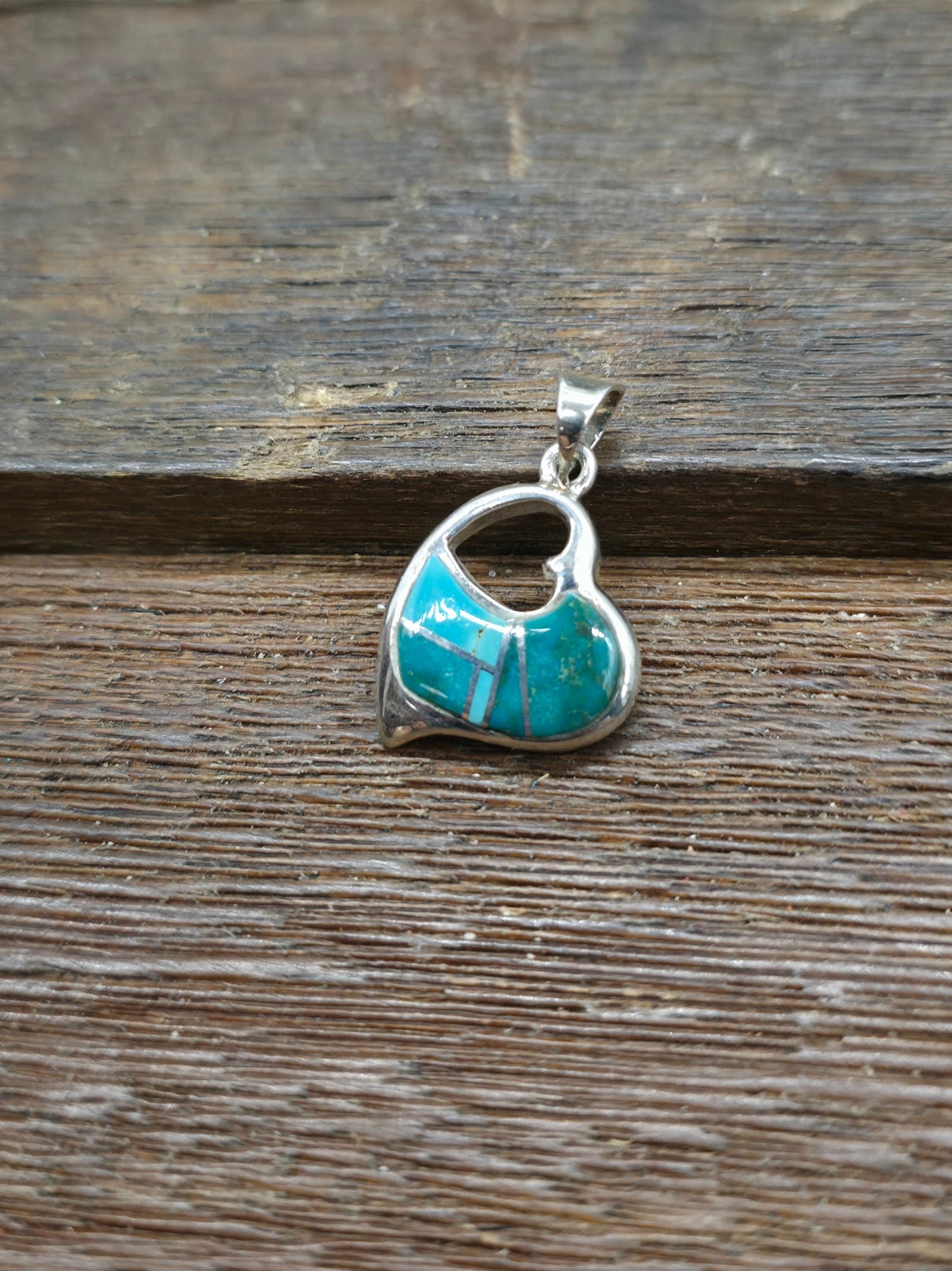 Sterling Silver Green Turquoise Inlay Heart Pendant - 1 in. by 3/4 in.