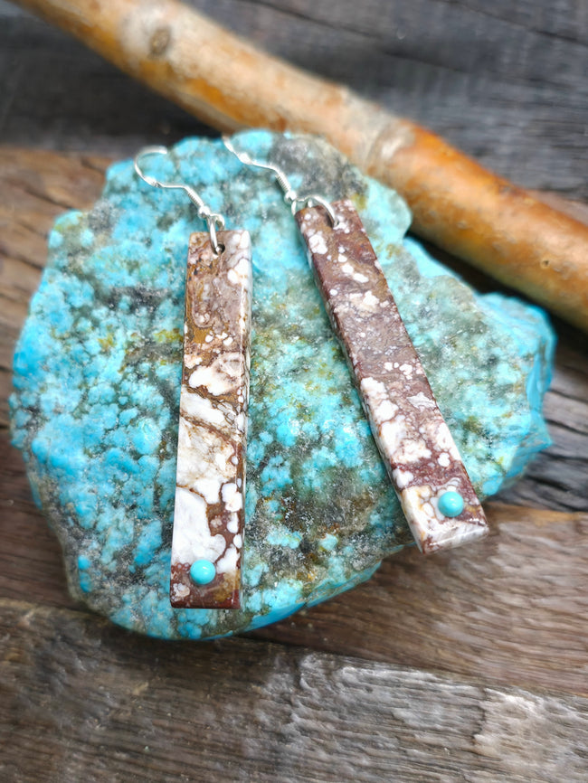 Wild Horse and Turquoise Slab Earrings by Jesus Espino - 2 3/4 in. by 1/2 in,