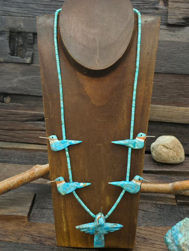 Blue Turquoise Five Hummingbird Necklace with Turquoise Heishi by Matt Mitchell - 24 in.