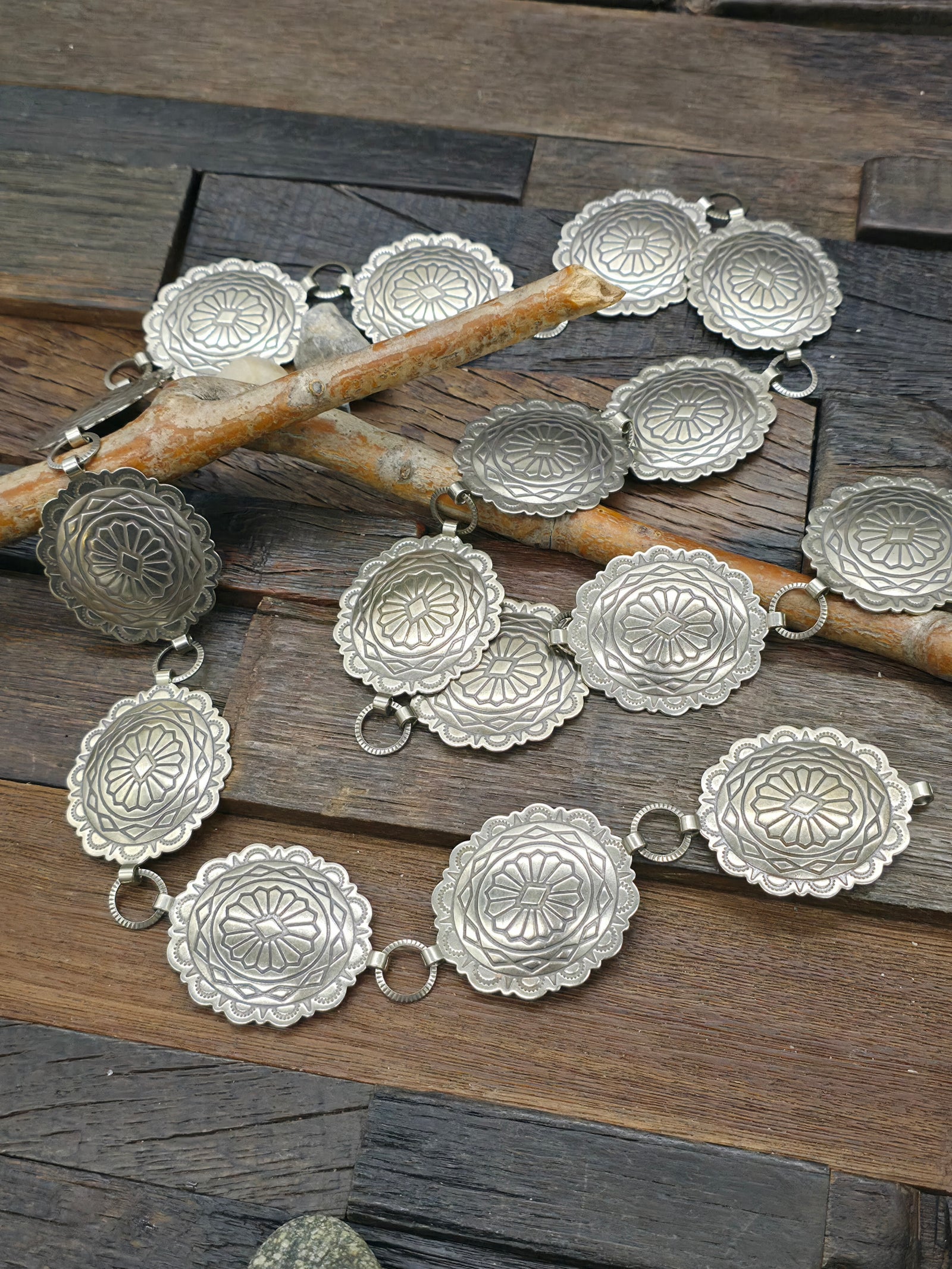 Large Oval Stamped Nickle Silver Chain Concho Belt - 42 in.