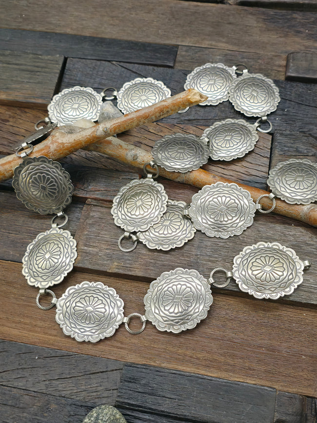 Large Oval Stamped Nickle Silver Chain Concho Belt - 42 in.