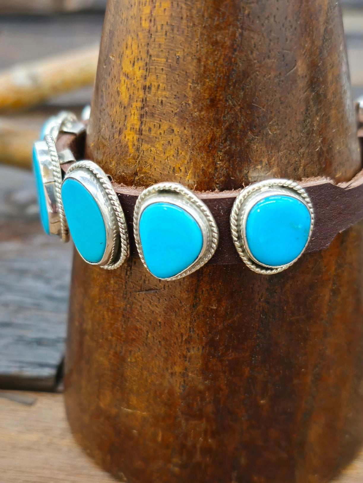 Seven Stone Turquoise Leather Buckle Bracelet 10 in