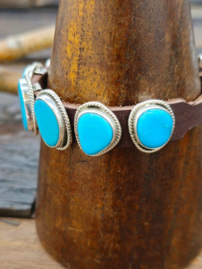 Seven Stone Turquoise Leather Buckle Bracelet 10 in