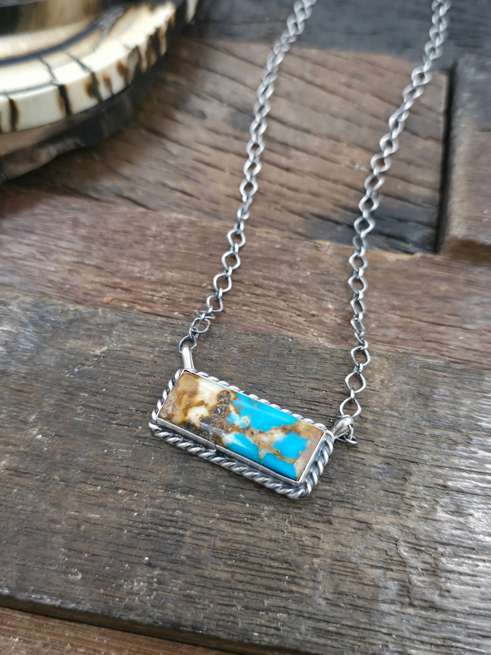 Sterling Silver Turquoise Bar Necklace by "KB" - 20 in.