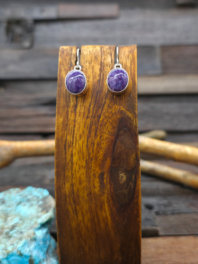 Charoite Sterling Silver Dangle Hook Oval Earrings