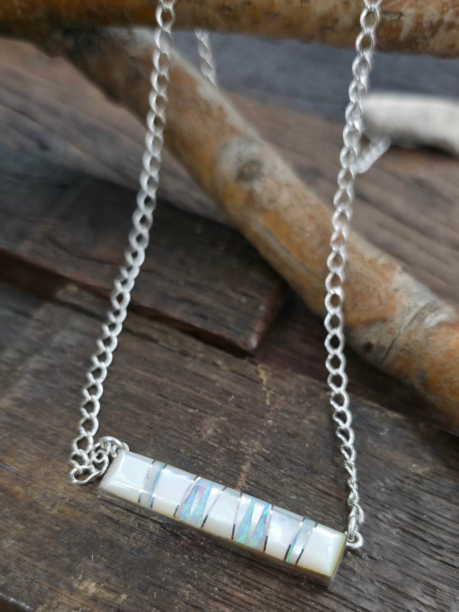 Sterling Silver Inlay Bar Necklace by Cathy Webster - 18 in. - Mother of Pearl and Lab Opal