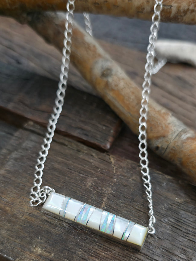Sterling Silver Inlay Bar Necklace by Cathy Webster - 18 in. - Mother of Pearl and Lab Opal
