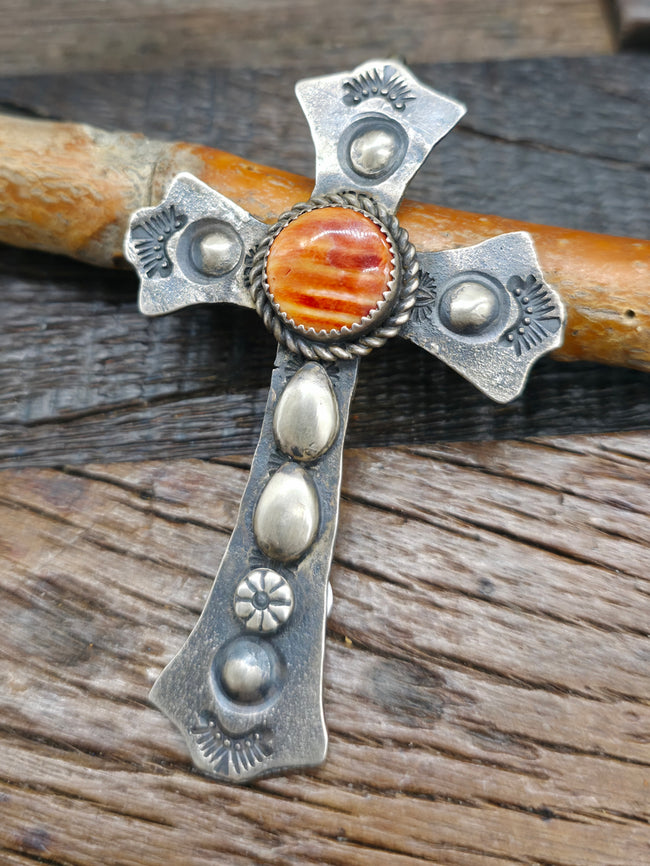 Sterling Silver Red Spiny Oyster Cross Pendant by Richard Yazzie - 3 1/2 in. by 2 in.